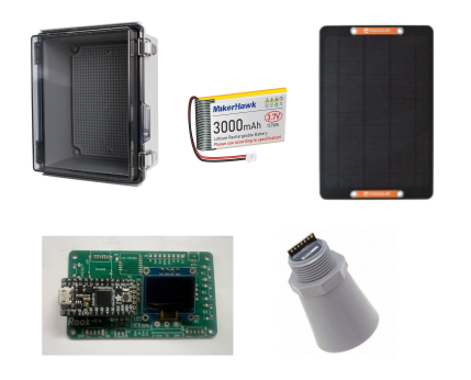 Mesh Radio Water Level Kit: weatherproof enclosure, solar panel, ultrasonic sensor, and 3000mAh battery