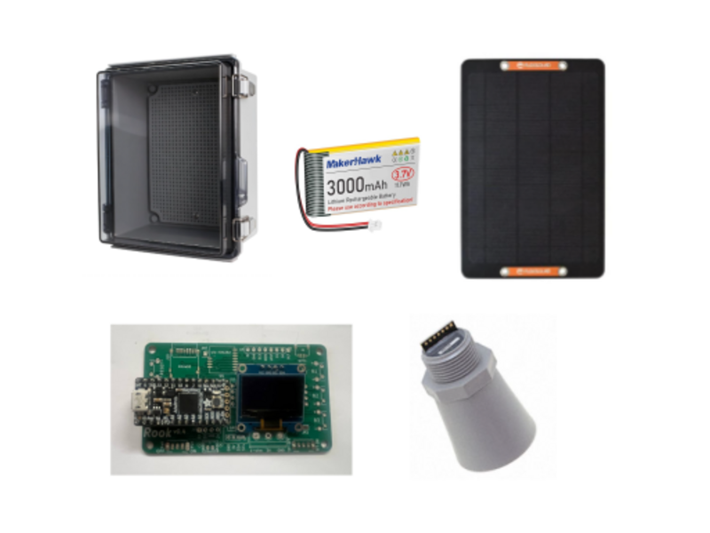 Mesh Radio Water Level Kit: enclosure, solar panel, ultrasonic sensor, and battery