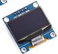 0.96 inch blue SSD1306 OLED module with four header pins labelled VCC, GND, SCL, SDA along the top edge