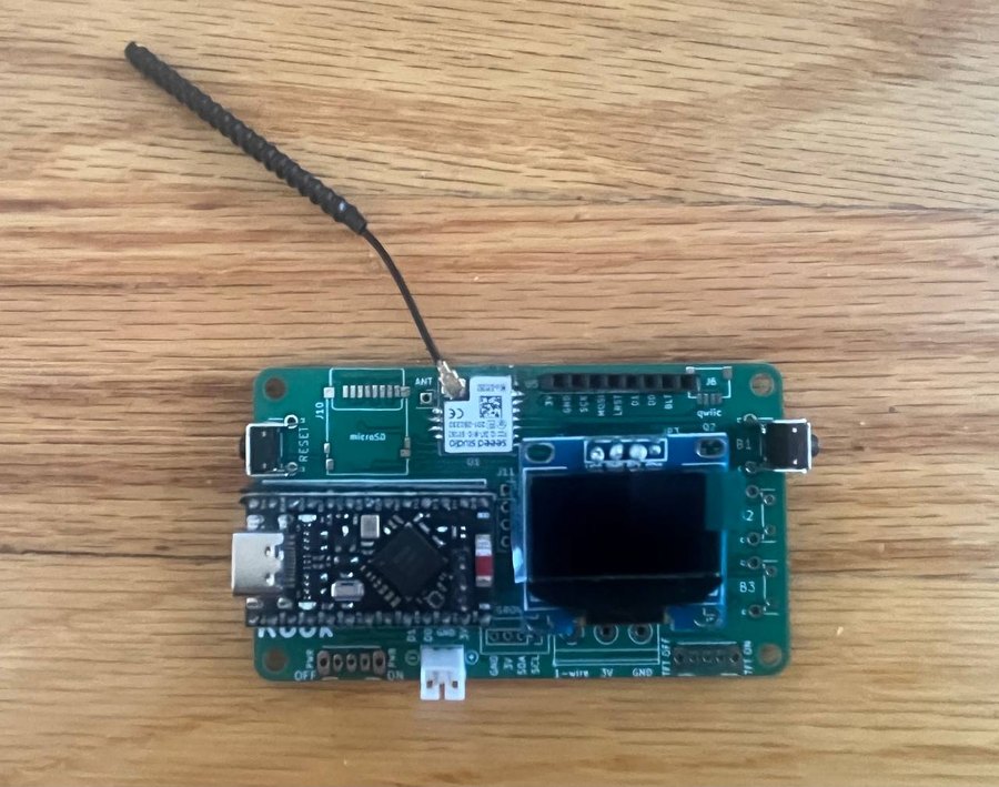 Rook v4, assembled, with OLED display, radio module and antenna